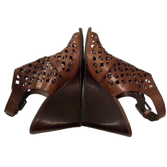 Franco Sarto Brown Leather Laser Cut Open Toe Wedges w/ Adjustable Ankle Strap - Picture 5 of 6